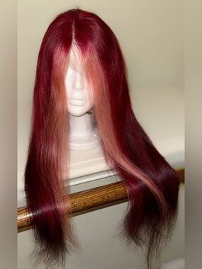Deep Burgundy & Rose Pink, 100% Human Hair,26 Inch,Straight,Lace Front Wig